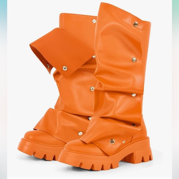 Sexy Tag Womens Orange Platform Slouchy Fold Over Boots Block Heel 6 - Picture 1 of 11